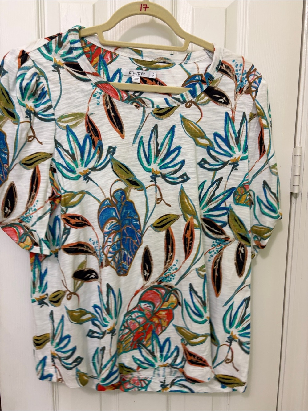 Chico's White Short-Sleeve Top with Teal, Blue and Coral Leaf Print
